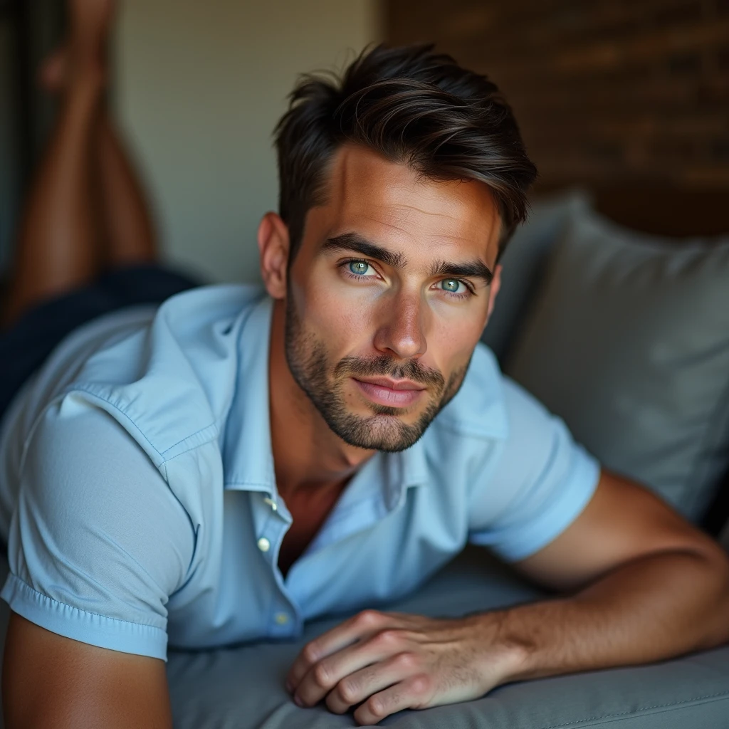 makes image of a white man, aged 35, model type, with short dark hair, with blue eyes, wearing a shirt buttoned up to the neck, posing sideways, looking at the camera, wearing shorts, lying on a sofa. Unprofessional photo, cell phone type.