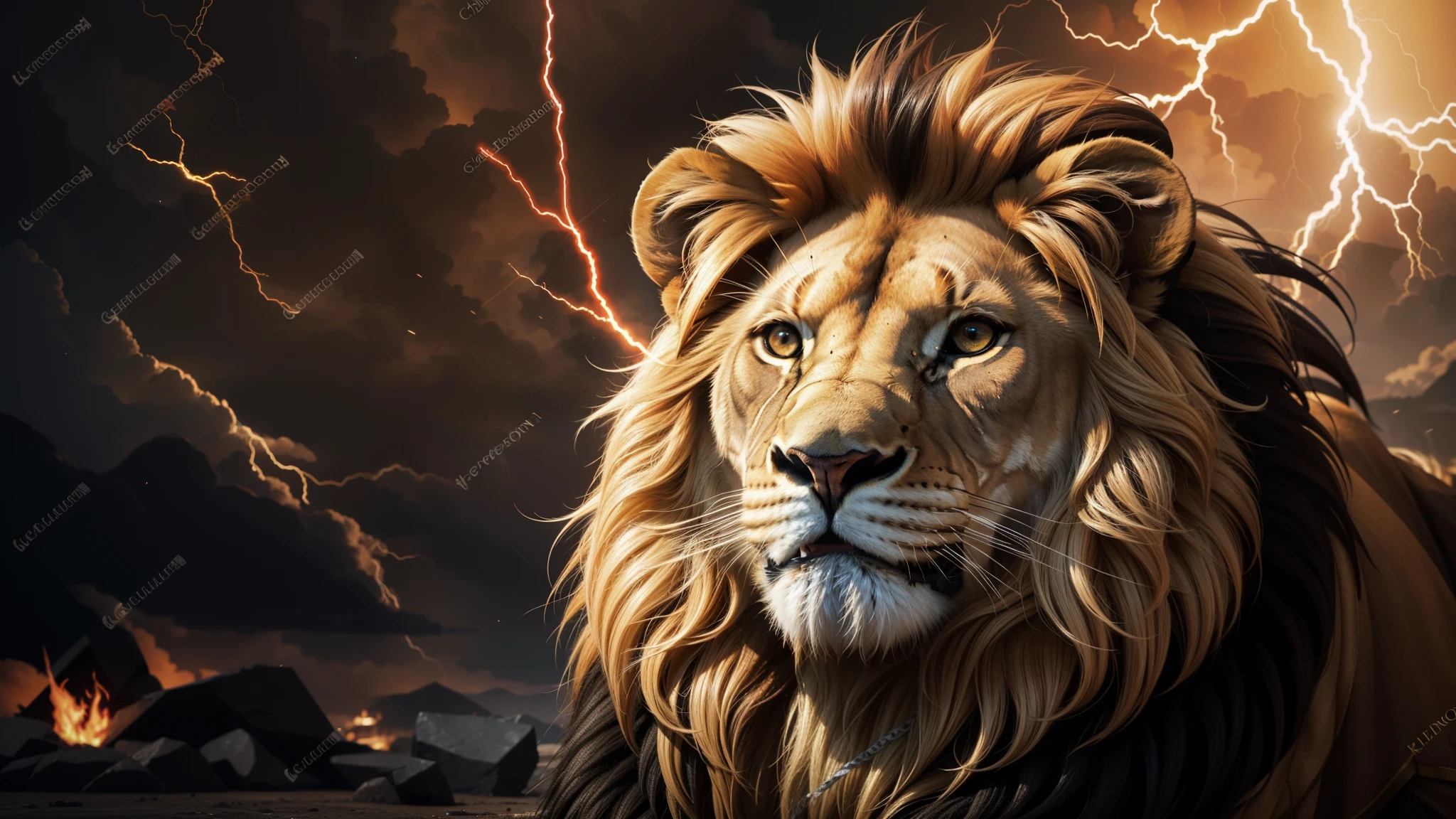 Lion, Divine Lion, majestic, comely, fire, villany, thunder, Sky thunder, stele, photorrealistic 6K, UltraHD Detailed, detailed colors 8k, Lion Elegante, floor, stele, lightning strikes, heavens, céu Godlike, tempest, Towards the heavens, heavenly, Godlike, photorrealistic, Rendering, 4K, 8k, detailed textures, detailed shadows, padoru, detailed colors, God's Heaven, UltraHD 16K Details, Photorealistic textures 16K, detailed sharpness 16K, detailed sharpness, detailed colors, realistic shadows, Ultra realistic textures, High power, Natural Beauty, natural colors, realistic contrast, Photorealistic textures, detailed colors, lifelike colors, detailed shadows, fire, villany mightosa, flames, Fire Bolt, Fotorrealism Lion, Majestic Lion, photorrealistic UltraHD 4K, Texturasdetalhadas photorrealistics 8k, might, ferocious, bruta, Great Power, Realistic Sky, luminous face, villany, Detailed face 4k, ultra detaild, contraste realista de 8k, detailed sharpness, cores Ultra HD, chic,