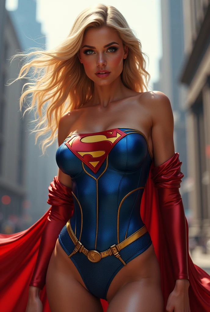 A HOT AND SEXY MUSCULAR SUPERGIRL COMPLETE WITH A EROTIC BLUE SUPERMAN CORSET COSTUME AND CAPE WITH A LARGE SUPERMAN EMBLEM. SO SEXY SUPERGIRL