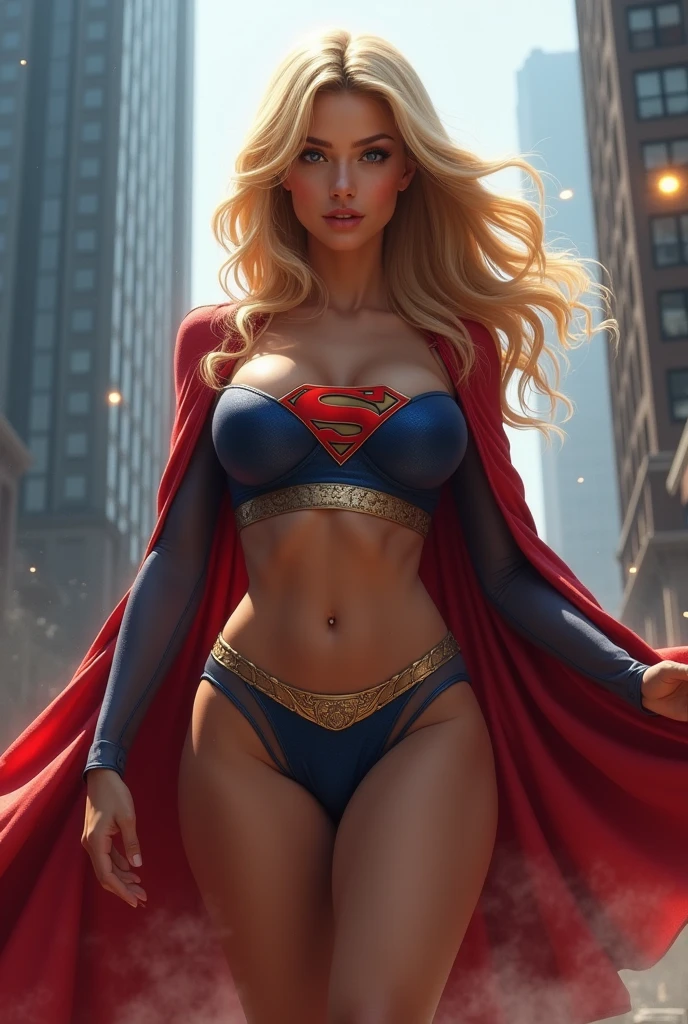 A HOT AND SEXY MUSCULAR SUPERGIRL COMPLETE WITH A EROTIC BLUE SUPERMAN CORSET COSTUME AND CAPE WITH A LARGE SUPERMAN EMBLEM. SO SEXY SUPERGIRL