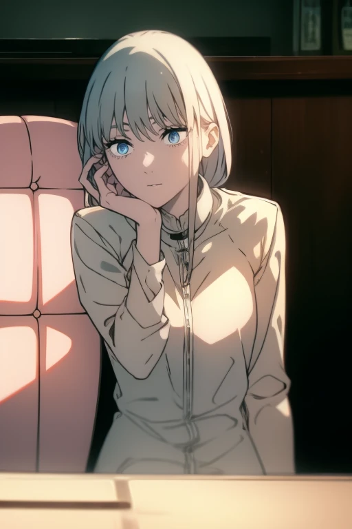 white hair girl with light blue eyes (eyes closed), sitting on the chair looking stressed