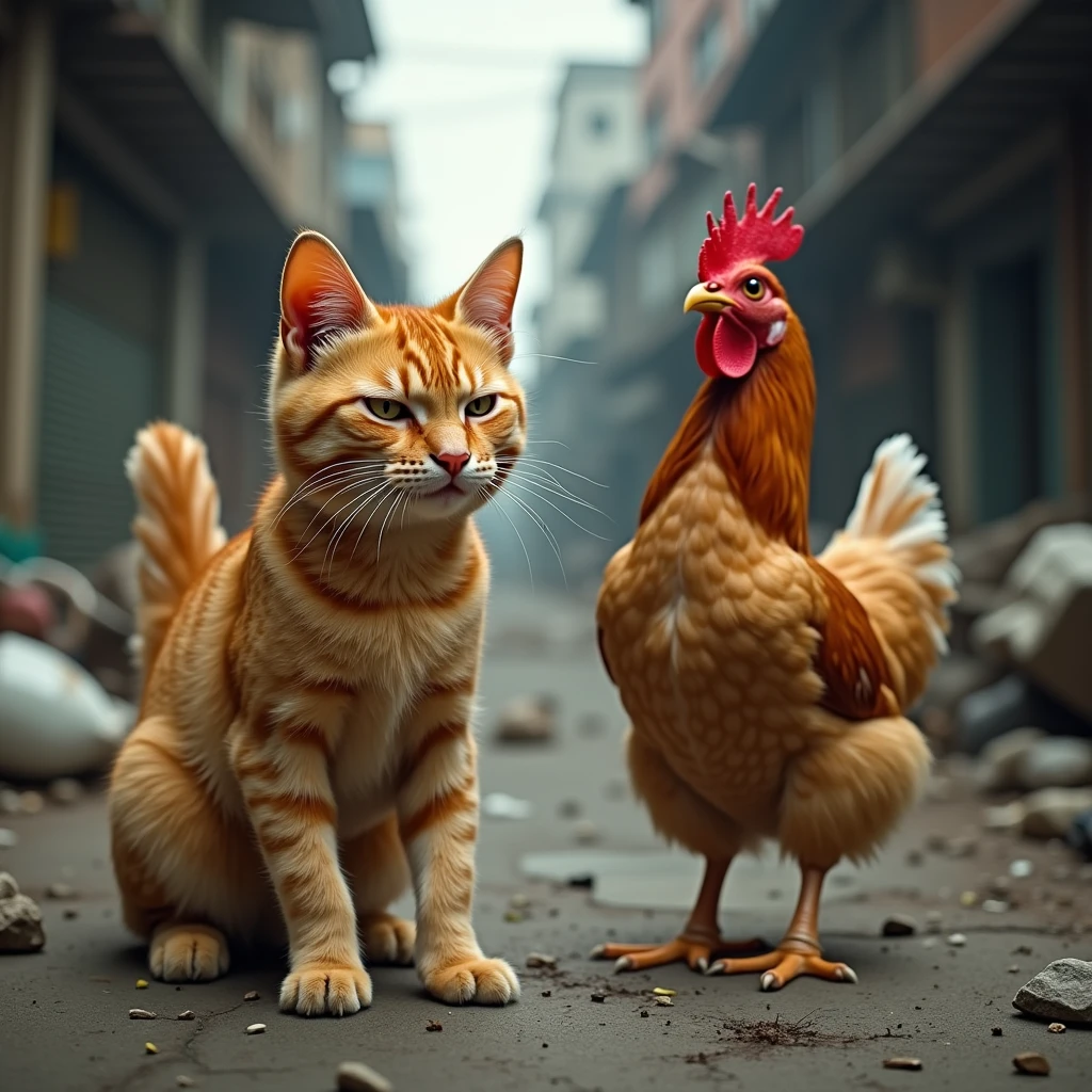 real photo. an orange cat with an angry expression asks next to him a chicken with a big smile. It seems they are talking to each other. the atmosphere of the slum streets is full of rubbish. very realistic. Ultra-realistic 8K photograph, shot with a Leica Q2, strong color contrast and sharp clarity --ar 9:16 --quality 2 --
