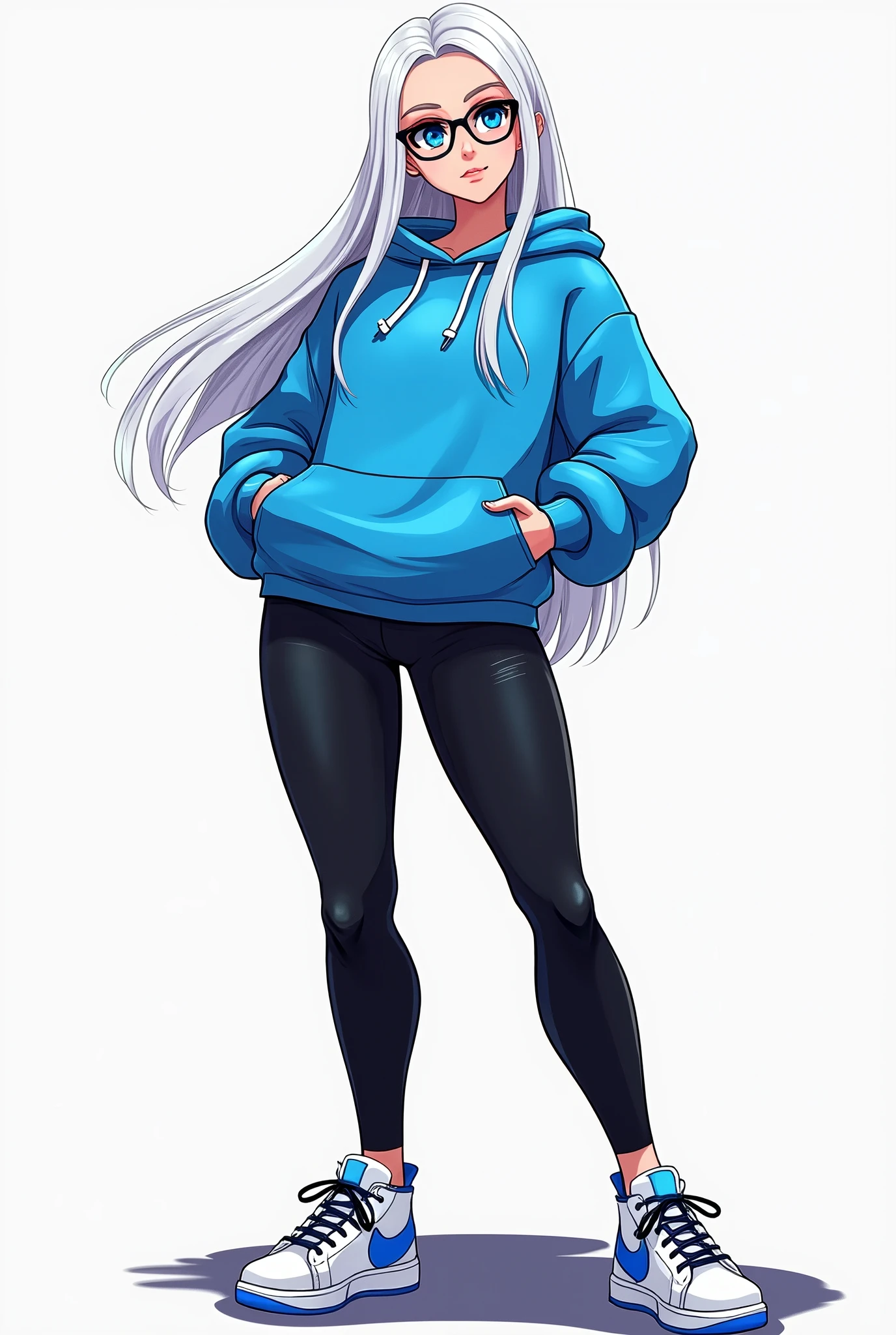 fortnite style girl, long white hair, Broad Hips, blue colored eyes, wearing glasses, Allstar Sneakers, sexy blue short sweatshirt black leggings full body