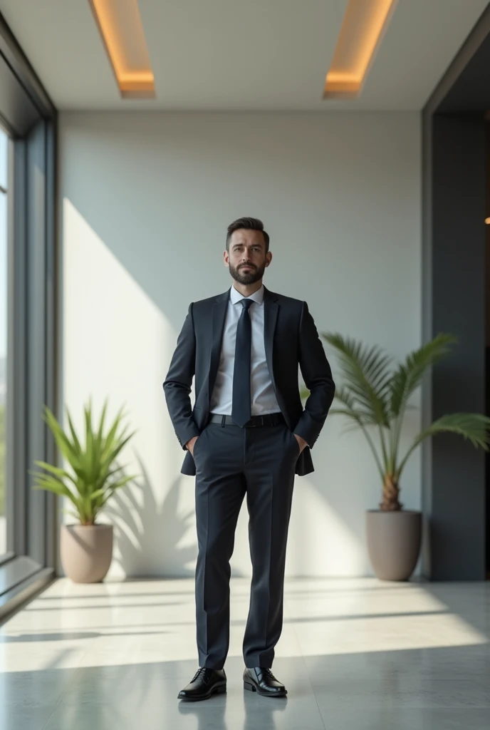 1 Man 3 office salesman, standing alone, confident countenance and diagonal angle