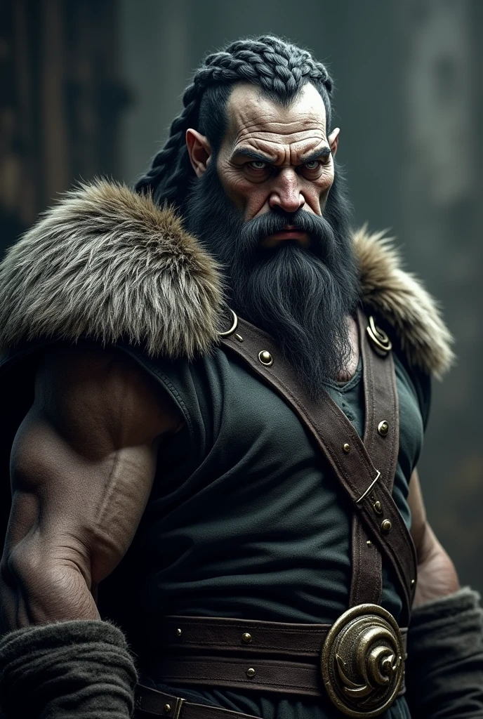 A medieval orc with grey skin, long black braided hair, a goatee beard without a mustache, wearing traditional Russian clothing from the middle ages, highly detailed face, extremely detailed eyes, muscular body, epic fantasy, dark mood, dramatic lighting, cinematic, rich colors, dramatic shadows, masterpiece, 8k, ultra-detailed, photorealistic