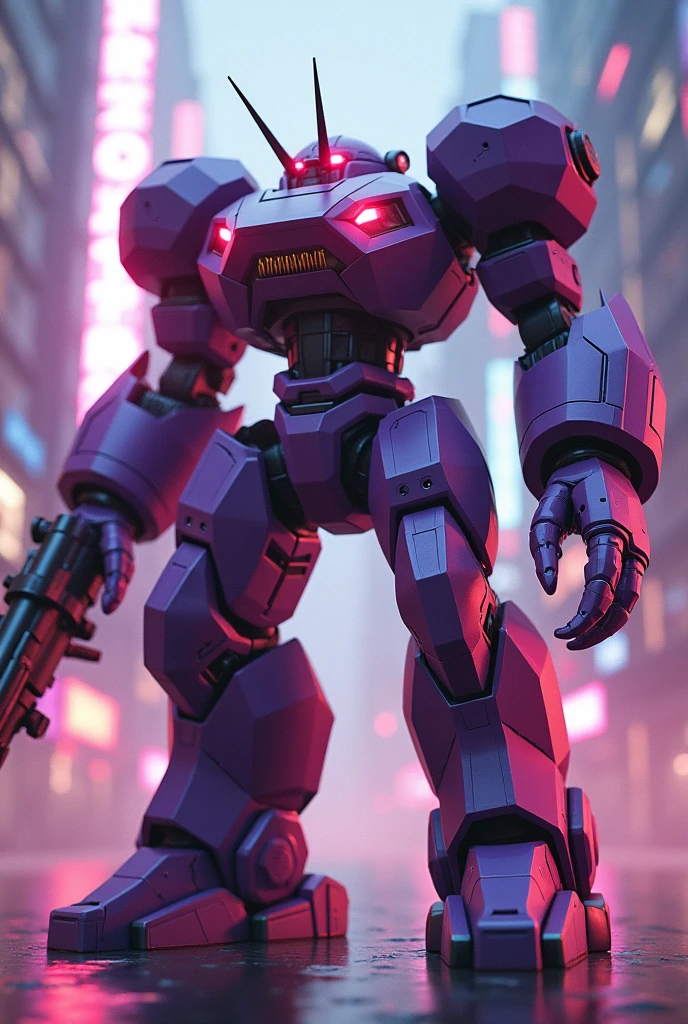 a highly detailed. small face robot sharp teeth. hexagonal prism robot with crab-like legs, red eyes, sharp teeth, a purple crab-shaped body, floating and flying. claw hand. high tech design. hulkbuster body. mecha robot. big bazooka.bazooka on hands, ,Cyberpunk, dreamy glow, luminous neon lights, ( Global illumination, Ray traching, hdr, unreal render,reasonable design, high detal, Masterpiece, Best quality, hyper HD, Cinematic lighting), Mecha musume. jackpack.flamethrower fire blast. power fired. very big