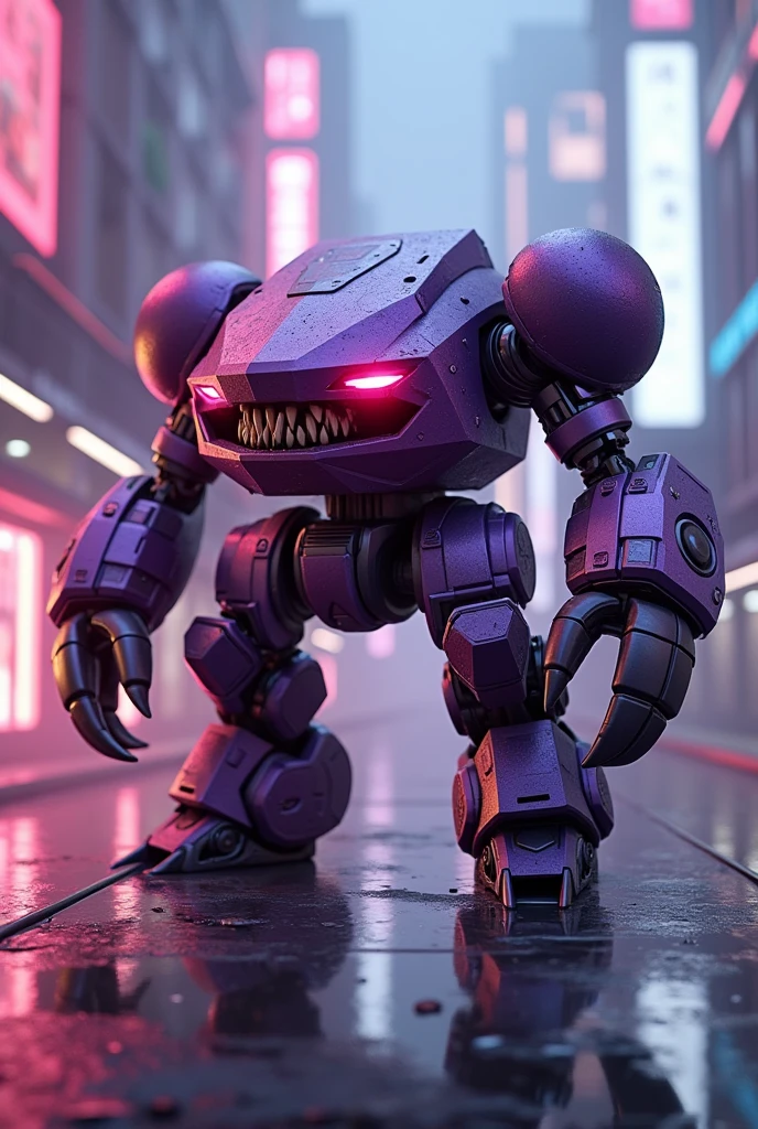 a highly detailed. small face robot sharp teeth. hexagonal prism robot with crab-like legs, red eyes, sharp teeth, a purple crab-shaped body, floating and flying. claw hand. high tech design. hulkbuster body. mecha robot. big bazooka.bazooka on hands, ,Cyberpunk, dreamy glow, luminous neon lights, ( Global illumination, Ray traching, hdr, unreal render,reasonable design, high detal, Masterpiece, Best quality, hyper HD, Cinematic lighting), Mecha musume. jackpack.flamethrower fire blast. power fired. very big