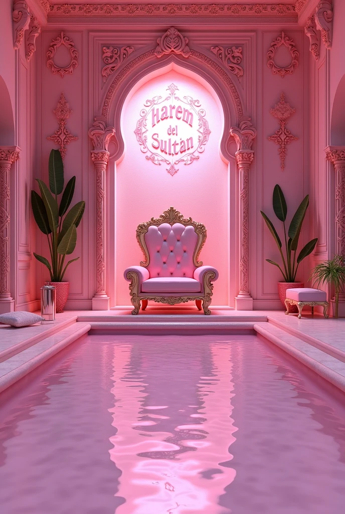 (photorealism:1.2), A very large pink Jacuzzi pool in pink luxurious bathroom of pink palace with a pink throne inside the jacuzzi, a beautiful pink sign "Harem del sultán" on the back wall, realistic, intricate details