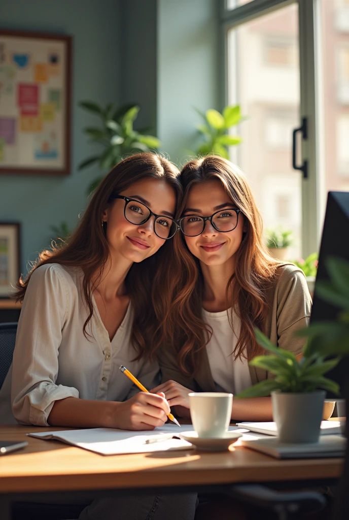 I need an image that represents welcome, security, comfort.
there are two women, one of whom is the boss (director) and the other is the employee).
director features (woan 40 years): long, straight brown hair, glasses
employee characteristic (woman 29 years): wavy brown hair, glasses
They are both wearing more casual clothes.
scenario a chaotic work environment in an advertising agency,