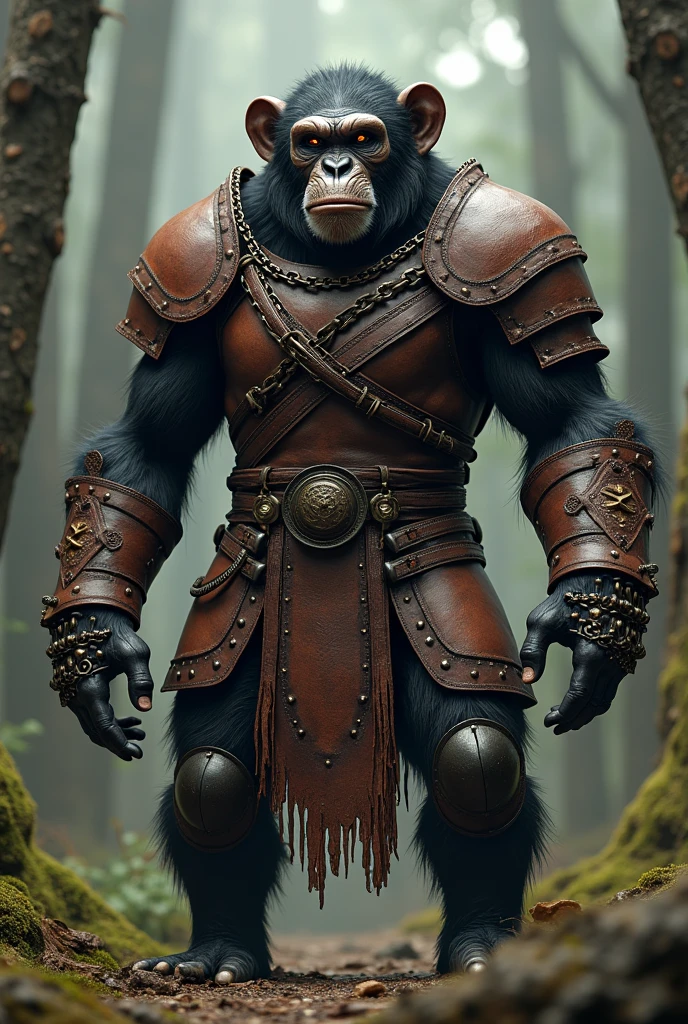 a chimpanzee in leather armor and chain mail