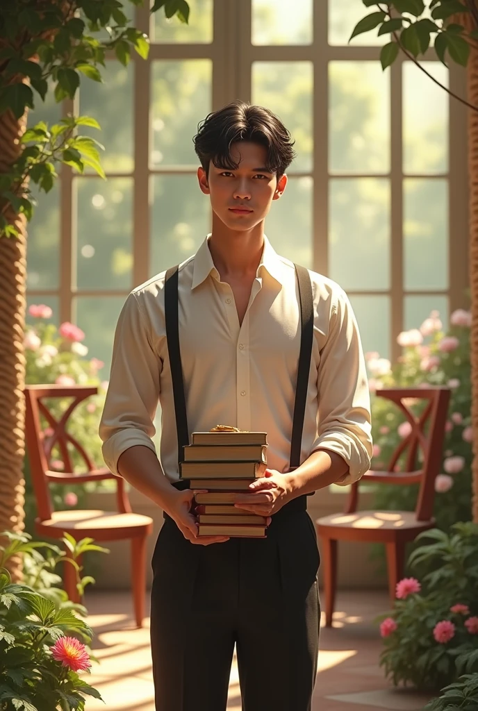 A tall man with a fit, build with strong uper torso and fit lower body and fair skin that has a subtle, pinkish glow stands confidently. His clean-shaven with no mustache, beard on the face is defined by a sharp jawline, and his calm, honey-brown eyes exude a sense of lightness and innocence. His black hair, styled in a princely cut, features bangs that gracefully drape across his forehead.
He is dressed in a gentleman attire, with a loose-fitting shirt and suspenders, adding a touch of elegance to his appearance. In his hands, he holds several books. The setting around him is a beautiful, lush garden where sunlight streams through large windows casting a warm glow over the rows of elegant flowers and rich wooden chairs for tea. And is of South Indian ethnicity.