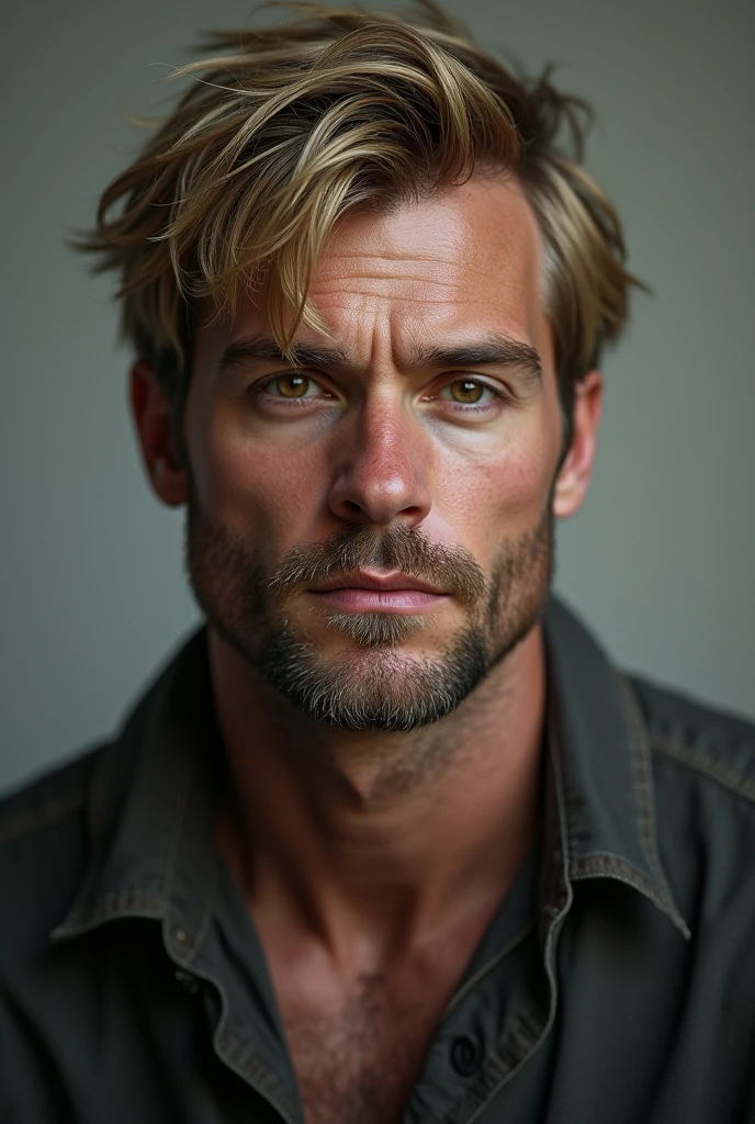A man with short blond hair, brown eyes and a thin beard. 