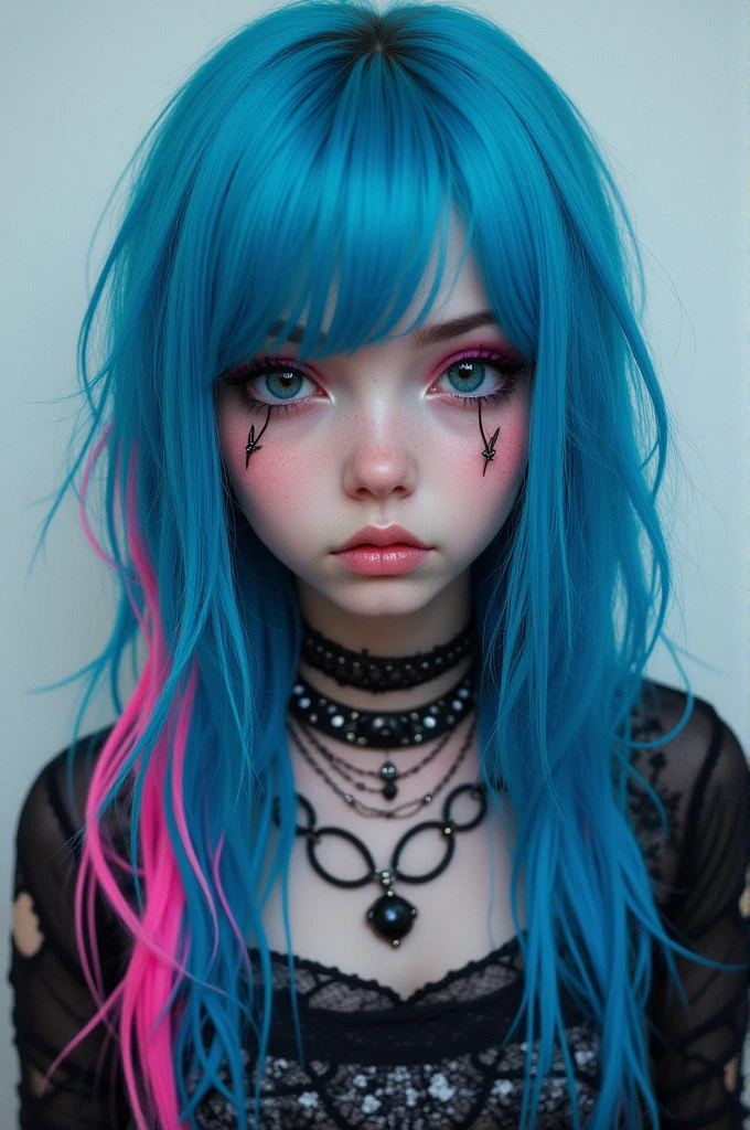 create a hair is long the color blue is pink highlights is an emo outfit