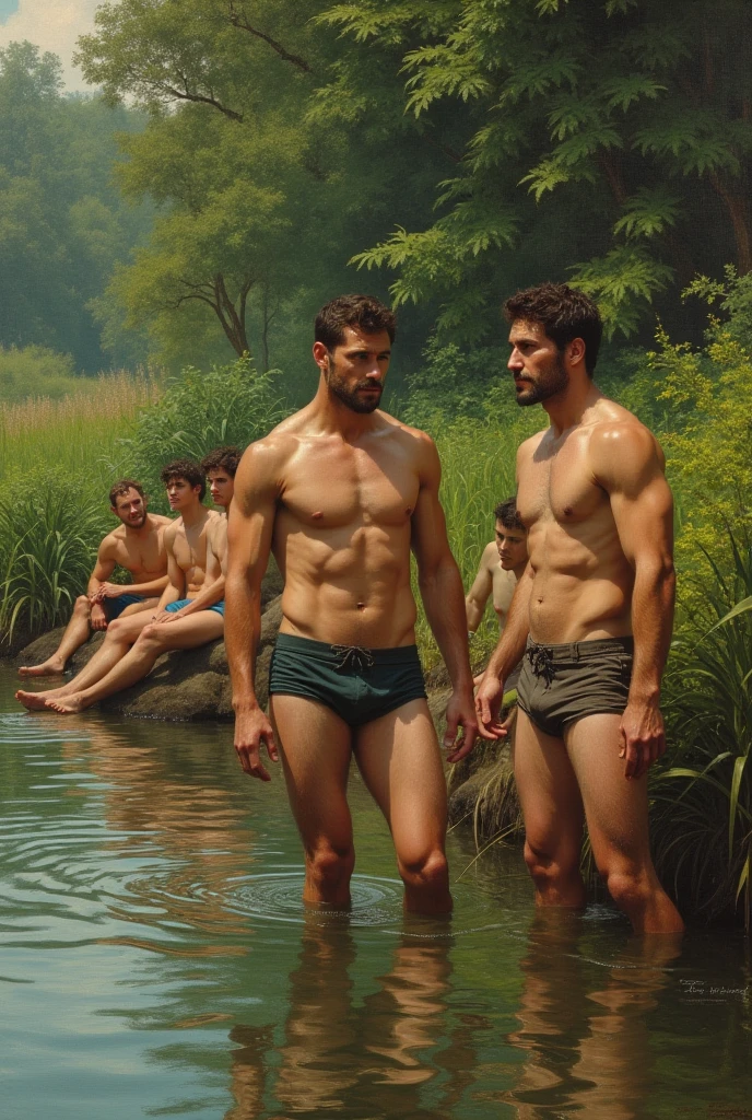 Historical painting depicting strong men bathing in their shorts on the riverbank, surrounded by green vegetation.