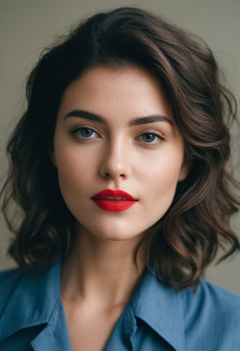 photoshoot for fashion advertising, head and shoulders portrait, RAW photo, editorial photograph, film stock photograph, cinematic, soft light BREAK woman with styled wavy dark short hair poses in casual blue blouse, natural beauty with red lipstick BREAK amateur photo, analog, raw, f2, 35mm, 8k, highly detailed, (high quality, best quality:1.3), Extremely high-resolution, film grain, ((macro lens)), ((focused on eyes)), feminine expressions, dslr, Fujifilm Superia Premium 400, Nikon D850, Kodak Portra 400 f1.6 lens, 8k, UHD, (in style of Bruce Weber photography)