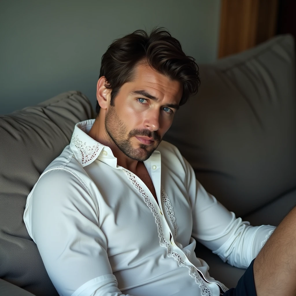 Masterpiece, denoise, void noise, one man, best quality, 8k resolution, male focus, focus only, amazing composition, volumetric lighting, super quality, elegant, Very detailed, ((front view)), -----------, 35 years old, mature face, muscular, (((Caucasian white man))), (((white skin)), ((pale skin))), very handsome, (detailed light-blue eyes), ((dark brown hair)), big ears, (hairy chest), (scruffy beard), ((pink nipples)), ((perky nipples)) ------------, (((slightly pulled down shorts))), (((shirtless))), (((sitting in front of viewer))), ((((facing viewer)))), (((looking at viewer))), close view