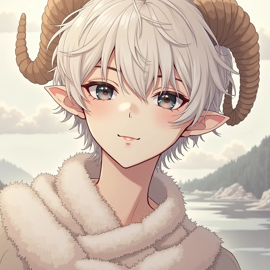 ((best qualityer)), ((work of art)), ((oc)), (detailded),  1 young male, 20 year, slightly wavy white hair, dark navy blue eyes, Caucasian skin, small curved sheep horns, sheep ear,  camis from the coat