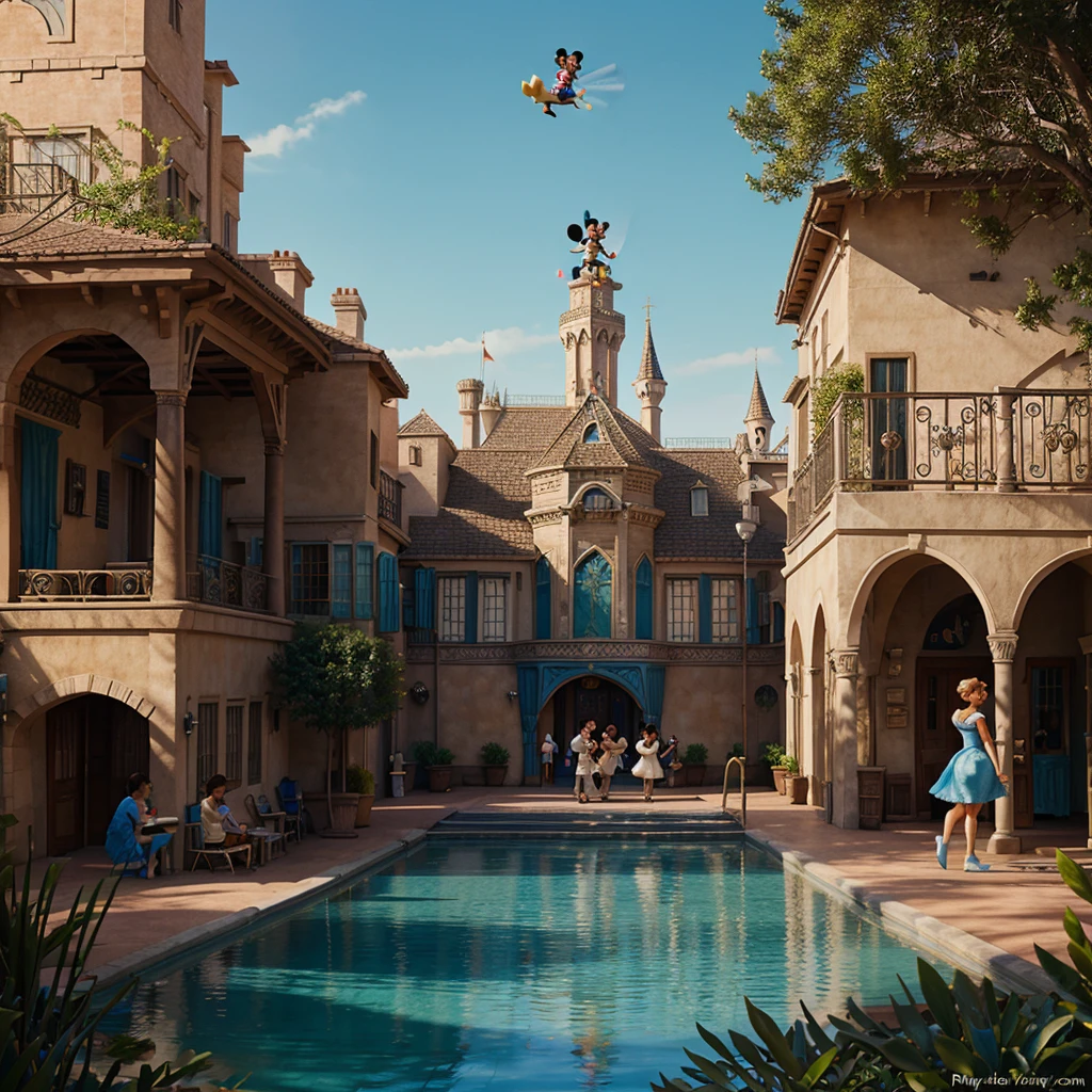 Disney Pixar style poster with a school background and TinkerBell, Cinderella, Aladdin, Peter Pan and Mickey Mouse