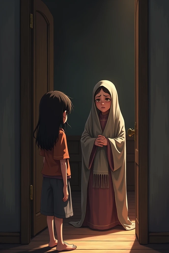 The teenage girl hears her mother quietly crying in her room (wearing prayer cloth=telekuhg). (Peeking through the door)