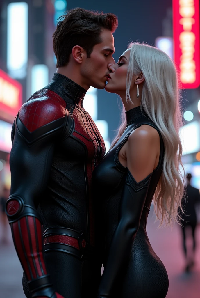 A stunning portrait of muscular Peter Parker in his black suit and white suit, symbiote suit, kissing, French kiss, passionate kiss, Felicia Hardy as the marvel character Black Cat, young and beautiful, hyper realistic, real portrait, backlit, exquisite features, cleavage, sexy, seductive, her hair is white, she is wearing a black leather body suit unzipped to her belly button, location is city at night. Neon lights, large breasts, athletic body, narrow waist, wide hips, Spider-Man’s suit is only black and white, he is not wearing his mask, Peter Parker