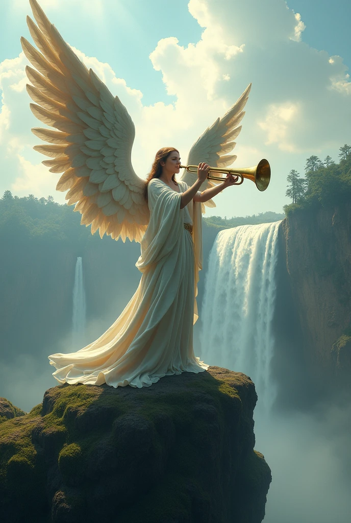 Powerful winged angel playing a big trumpet on top of Angel Falls mountain in Venezuela 