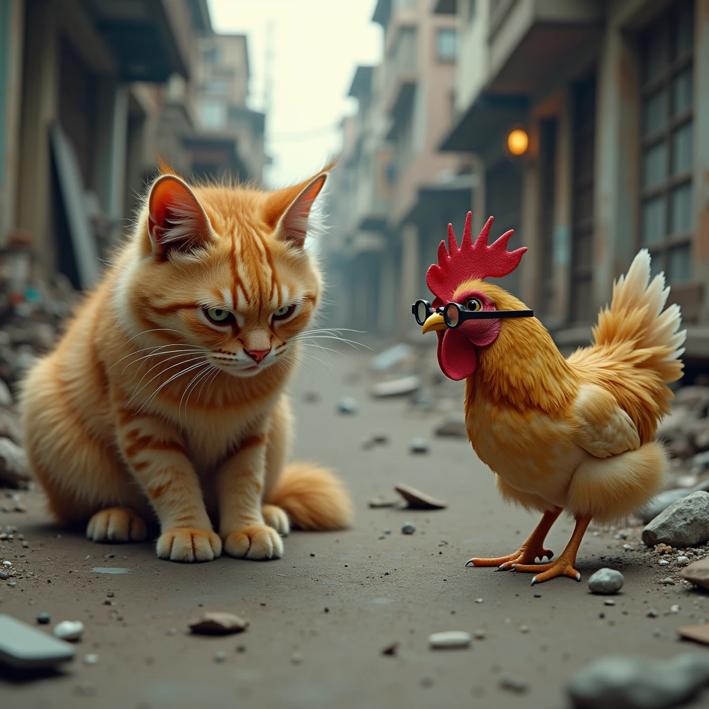 real photo. an orange cat with an angry expression asking next to him a chicken wearing glasses laughing . It seems they are talking to each other. the atmosphere of the slum streets is full of rubbish. very realistic. Ultra-realistic 8K photograph, shot with a Leica Q2, strong color contrast and sharp clarity --ar 9:16 --quality 2 --