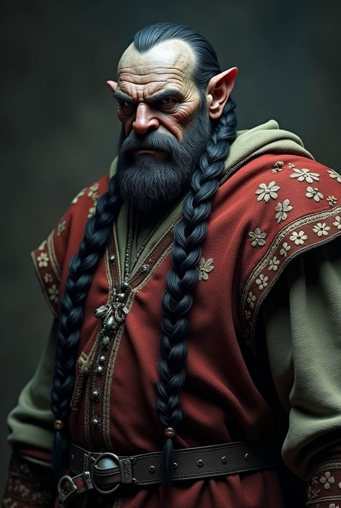 a medieval orc with grey skin, long black braided hair, goatee beard without mustache, wearing traditional russian clothing from middle ages, intricate details, high quality, 8k, ultra-detailed, realistic, photorealistic, sharp focus, physically-based rendering, extreme detail, professional, vivid colors, dramatic lighting, fantasy, dark fantasy, digital painting