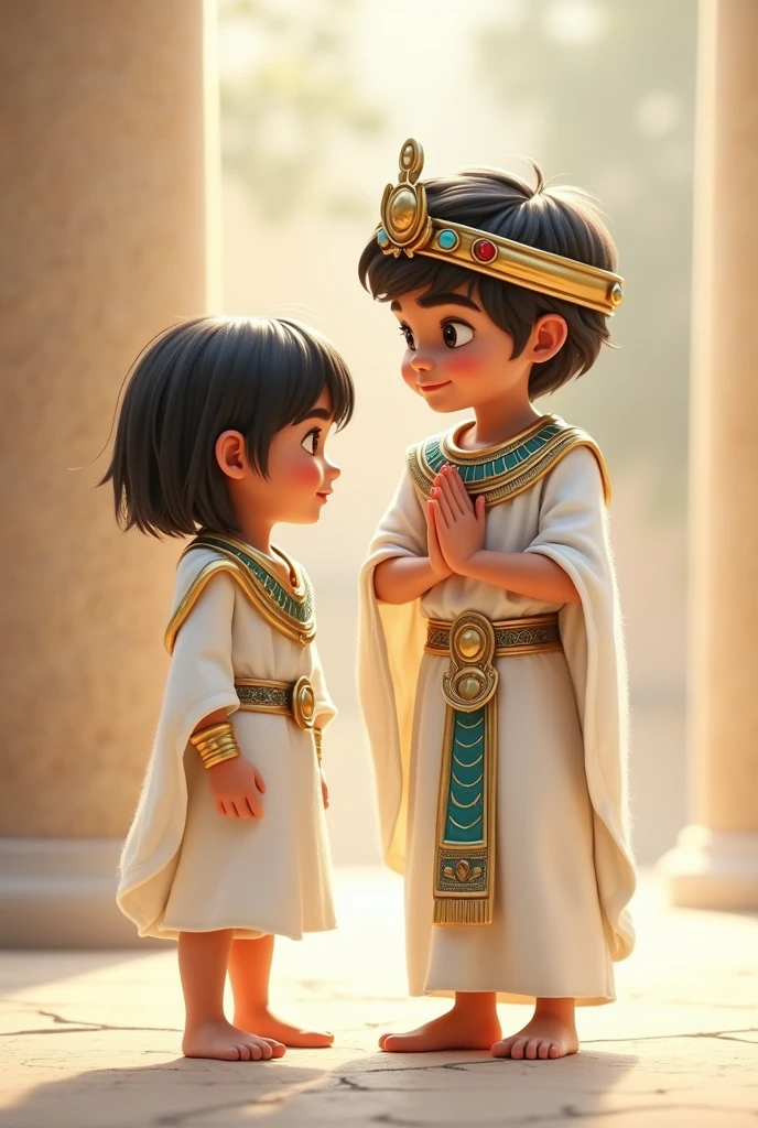 two boys, king and subjects, Egyptian clothing, whites, beautiful, Asian 