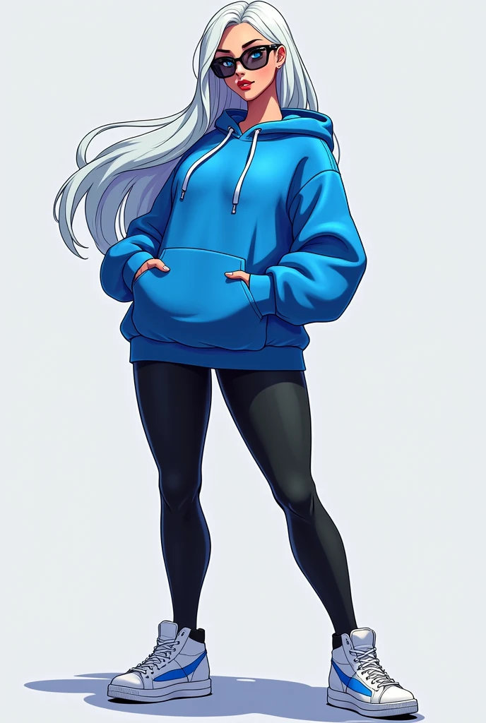 fortnite style girl, long white hair, Broad Hips, blue colored eyes, wearing glasses, Allstar Sneakers, sexy blue short sweatshirt black leggings full body