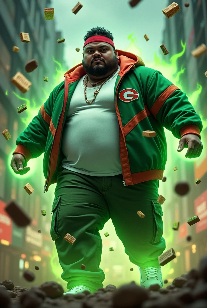 30 year old bangladesh man , nepal ( chubby body type. body high body..) sharp eyes..shave face. chubby face. dark skin. man . Anger face. Open mouth. wear headband red white. . wearing an (green red stripe jacket) future shirt.young boy . anger faces, short hairstyle.wear white singlet.((wear green jacket))("G" logo on the shirt.) l . Dramatic.. at city ,( camouflauge green)cargo pant,, detailed face, cinematic lighting, dramatic atmosphere,.hot day. vibrant colors, 8k, high quality, photorealistic. Hero suit.. ha,army green logo design on pant . Very strong. Future design dress. Very epic. Very hot background.. dark sky. Very strong . . Flying floating glowing food, candy. chocolate bar everywhere..Floating small rock small rock glwing green everywhere.have a power turn anything to the food. ))green two finger on both side. upper tilt shift shoot photograpy. jump effect. panning effect. ((glowing green enery on food )) running effect. fast running. big belly fats

