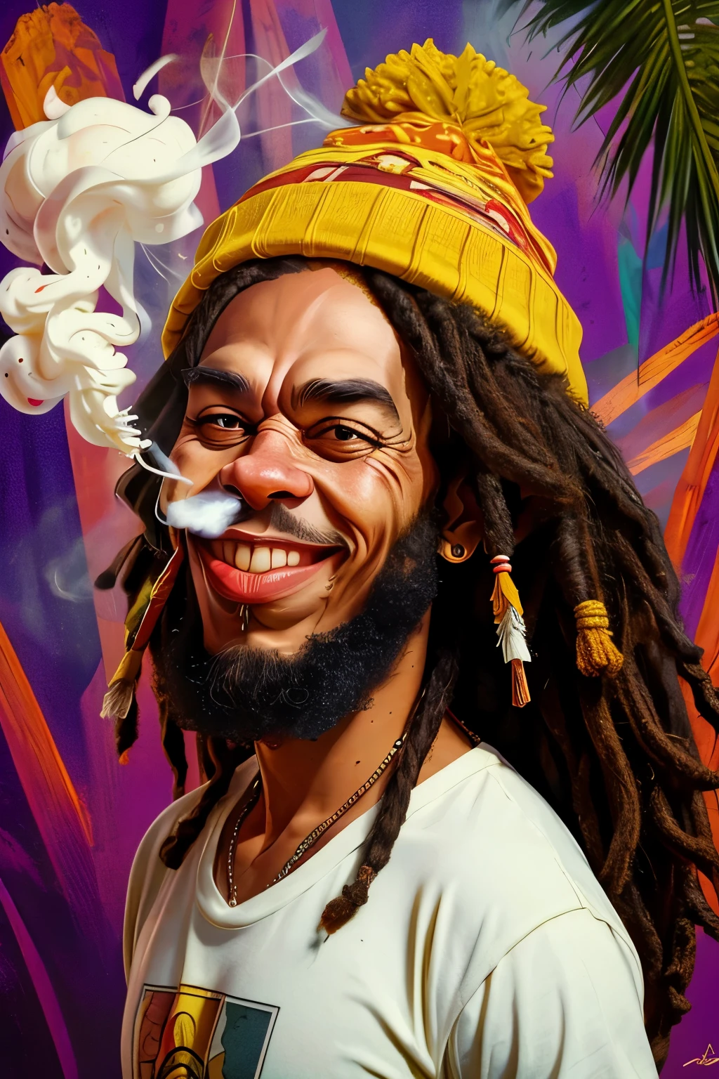 A (((caricature))) of a Bob Marley Rastafarian man ((smoking a white cigarette)) , beard, exaggerated features with a large nose and big Red eyes, happy, long and exaggerated dreadlocks, wearing a colorful beanie, relaxed and laid-back expression, smoke swirling around him in artistic patterns, vibrant and warm colors, tropical background with palm trees, cartoon style, highly detailed, chill and carefree tone, dynamic pose, expressive eyes, (masterpiece: 2), best quality, ultra highres, original, extremely detailed, perfect lighting. (( psychodelic weed background)).
