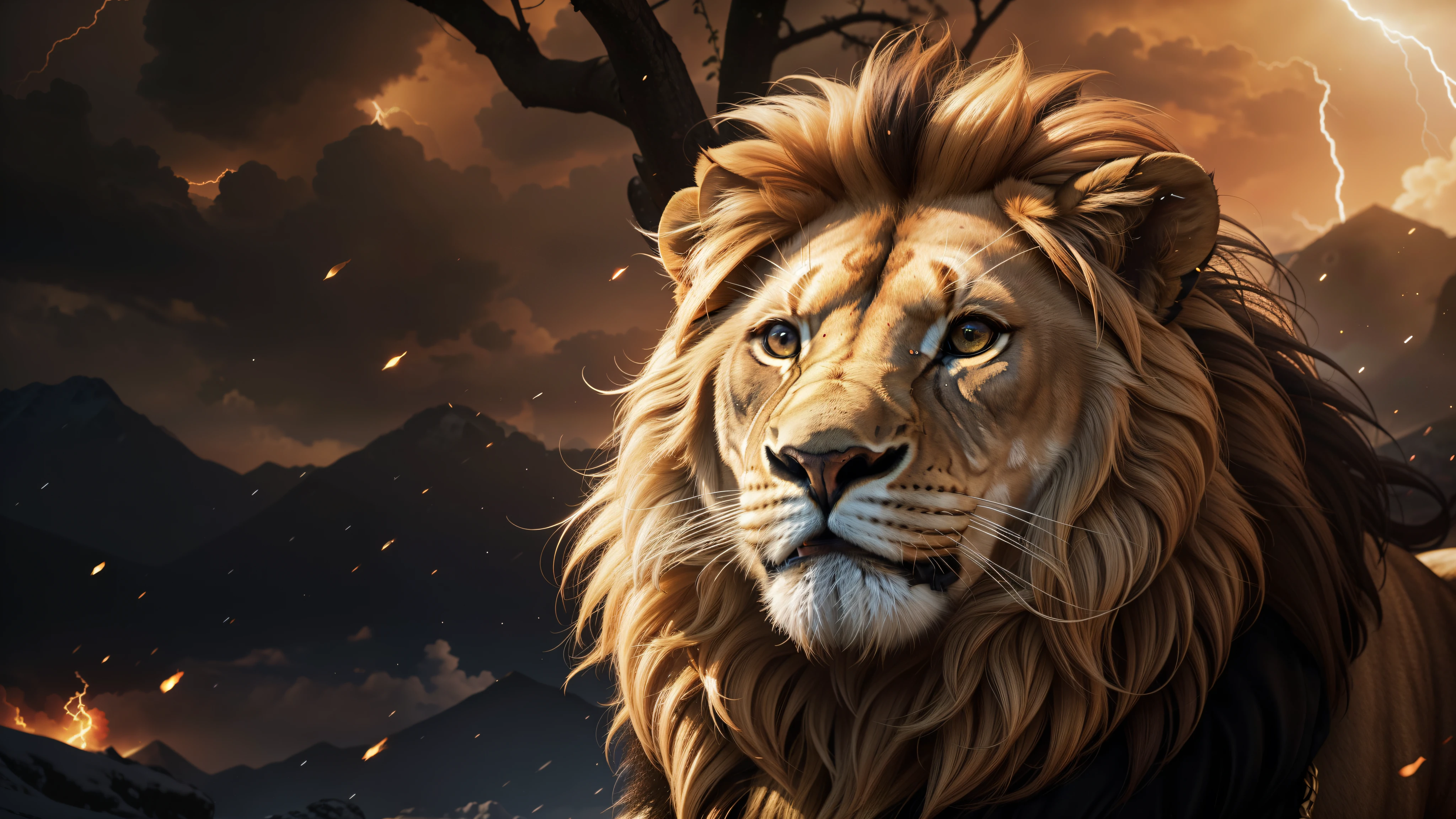 Lion, Divine Lion, majestic, comely, fire, villany, thunder, Sky thunder, stele, photorrealistic 6K, UltraHD Detailed, detailed colors 8k, Lion Elegante, floor, stele, lightning strikes, heavens, céu Godlike, tempest, Towards the heavens, heavenly, Godlike, photorrealistic, Rendering, 4K, 8k, detailed textures, detailed shadows, padoru, detailed colors, God's Heaven, UltraHD 16K Details, Photorealistic textures 16K, detailed sharpness 16K, detailed sharpness, detailed colors, realistic shadows, Ultra realistic textures, High power, Natural Beauty, natural colors, realistic contrast, Photorealistic textures, detailed colors, lifelike colors, detailed shadows, fire, villany mightosa, flames, Fire Bolt, Fotorrealism Lion, Majestic Lion, photorrealistic UltraHD 4K, Texturasdetalhadas photorrealistics 8k, might, ferocious, bruta, Great Power, Realistic Sky, luminous face, villany, Detailed face 4k, ultra detaild, contraste realista de 8k, detailed sharpness, cores Ultra HD, chic,