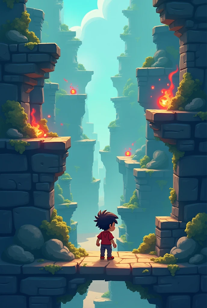 A charecter ina game who is moving throught levels of strategic environment for a mobile screen with mini levels and boss levels