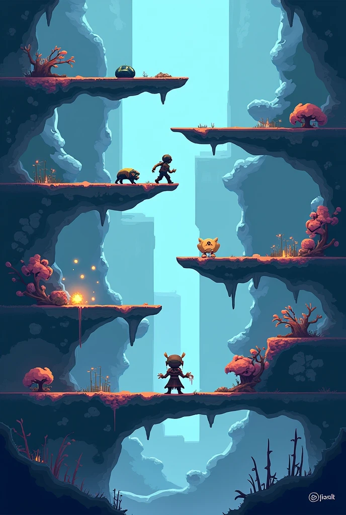 A charecter ina game who is moving throught levels of strategic environment for a mobile screen with mini levels and boss levels