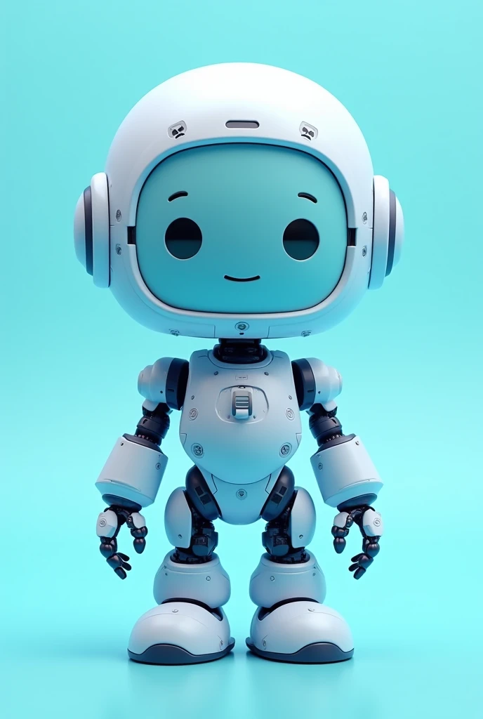 Cute and small female robot, in shades of blue on a light blue background, technology related