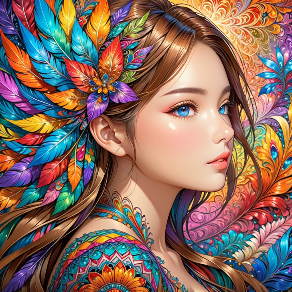 masterpiece,top quality,best quality,official art,Beautiful and beautiful,(1 girl:1.2),Very detailed,(fractal art:1.1),rich and colorful,flowers,most detailed,Zentangle,abstract background,shiny skin,Many colors,feather,