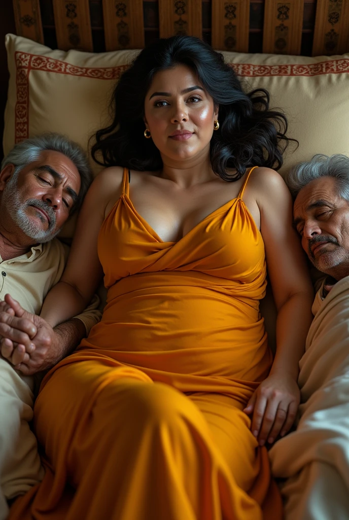 Woman, curvy hourglass body, wearing saffron saree, on bed, with old men's together sleeping