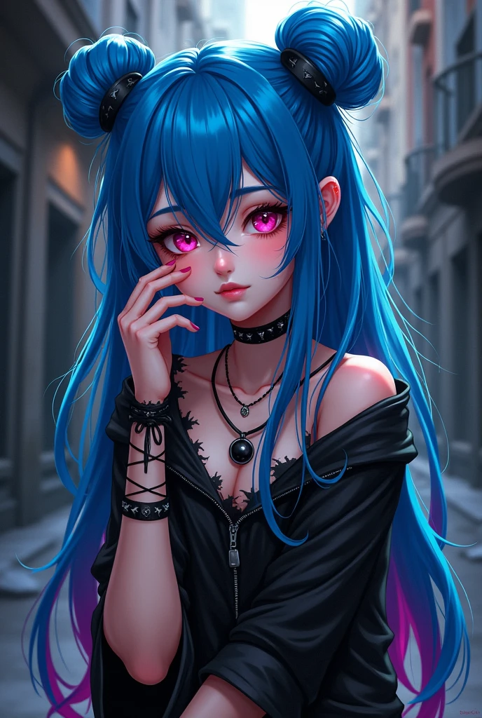 create a hair is long and tied up the color blue is pink highlights is an emo outfit