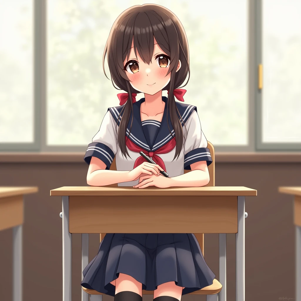 high quality, ultra detailed, masterpiece, super detail, highres, anatomically correct, UHD,
anime style,
1girl, 16yo, sitting in chair, smile,
white school uniform, serafuku, short sleeve, navy-blue sailor collar, blue ribbon,
navy-blue skirt, skirt up,
black high socks, small chest, summer uniform, uwabaki,
black hair, (low twintails), low pigtails, red ribbon in hair, very long hair,
dark brown eye,
classroom, indoors, school chair, school desk,
school,
from front, upper body, from slightly above,
day, summer
