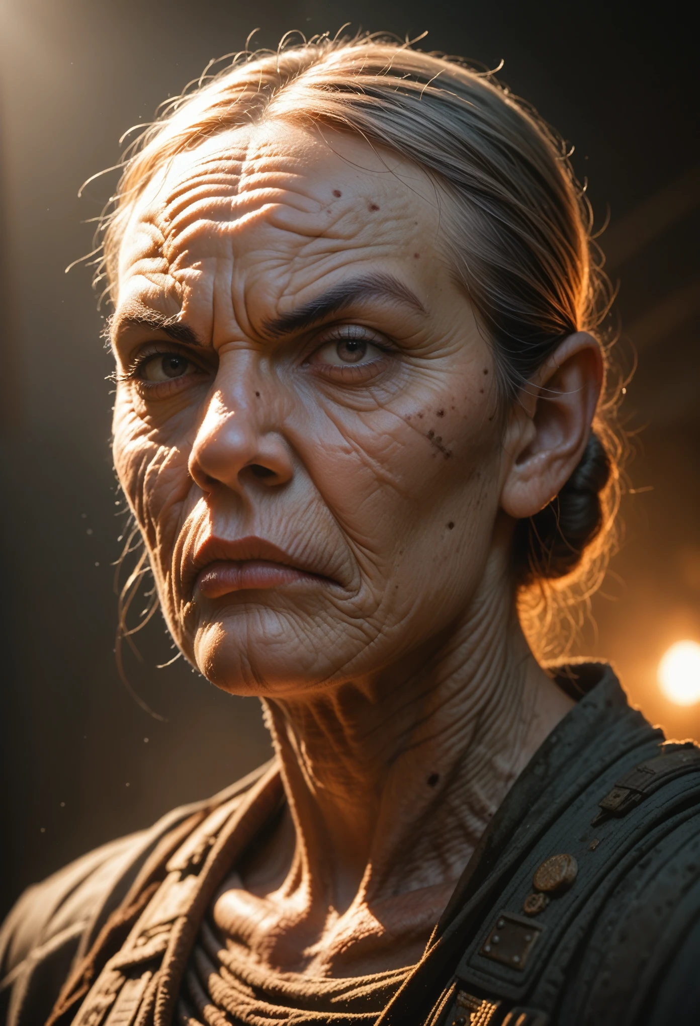 a portrait of an old alien  Reptilian warrior, angry face, strong scale texture dull skin, dull skin, no shine , dramatic lighting, intricate details, detailed wrinkles, sharp focus, hyper-realistic, cinematic lighting, dramatic shadows, moody atmosphere, cinematic composition, photorealistic, 8k, high quality, masterpiec