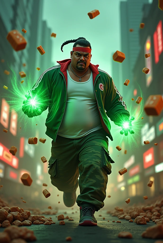 30 year old bangladesh man , nepal ( chubby body type. body high body..) sharp eyes..shave face. chubby face. dark skin. man . Anger face. Open mouth. wear headband red white. . wearing an (green red stripe jacket) future shirt.young boy . anger faces, short hairstyle.wear white singlet.((wear green jacket))("G" logo on the shirt.) l . Dramatic.. at city ,( camouflauge green)cargo pant,, detailed face, cinematic lighting, dramatic atmosphere,.hot day. vibrant colors, 8k, high quality, photorealistic. Hero suit.. ha,army green logo design on pant . Very strong. Future design dress. Very epic. Very hot background.. dark sky. Very strong . . Flying floating glowing food, candy. chocolate bar everywhere..Floating small rock small rock glwing green everywhere.have a power turn anything to the food. ))green two finger on both side. upper tilt shift shoot photograpy. jump effect. panning effect. ((glowing green enery on food )) running effect. fast running. big belly fats