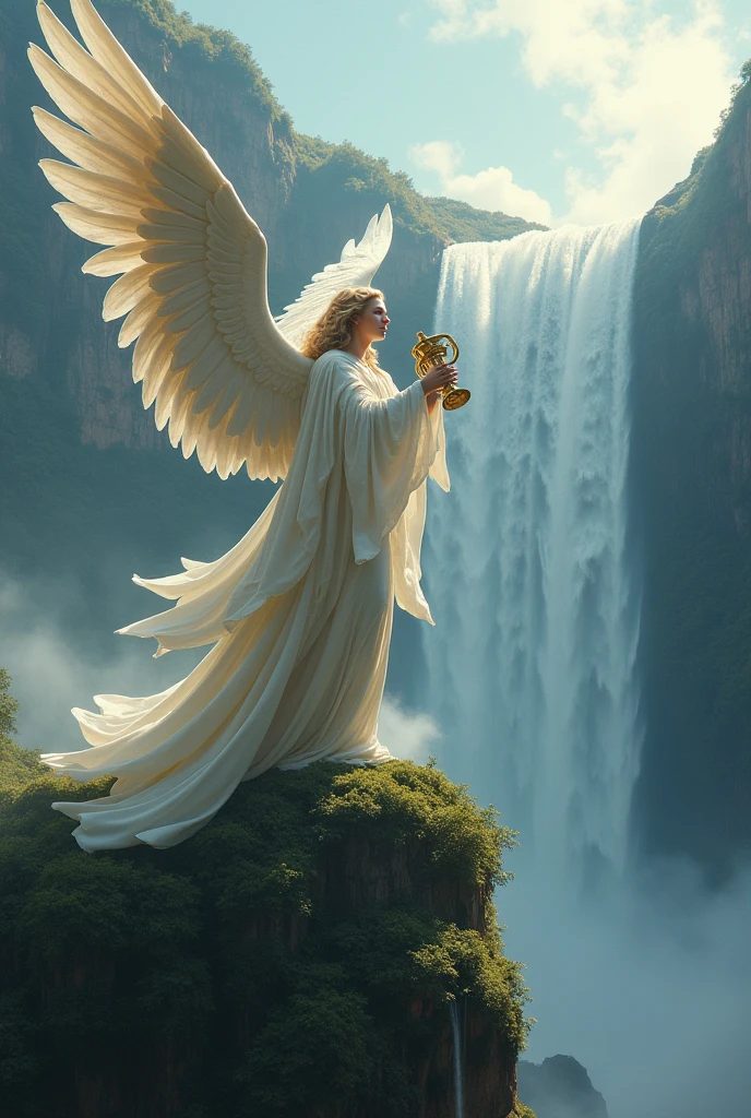Powerful winged angel playing a big trumpet on top of Angel Falls mountain in Venezuela