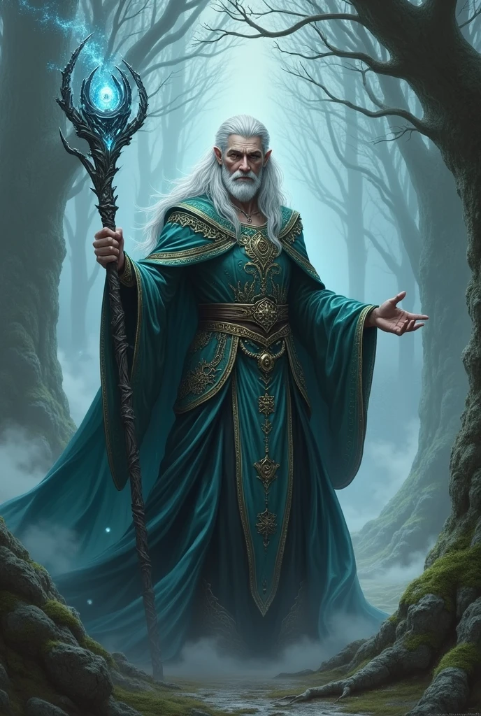 Create a pale-skinned, silver-haired elf king wizard