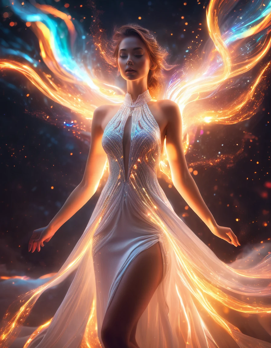 woman in a white dress with glowing lights on her body, digital art by Mike Winkelmann, winner of the cgsociety competition, digital art, glowing magical shiny skin, beautiful digital artwork, Luminous details, fire tornado fractal Glowing particles, light effect. Female, fabulous gorgeous lighting, Glowing dust, ethereal glow, glows with colored light, Brandon Woelfel, 8 k realistic digital art