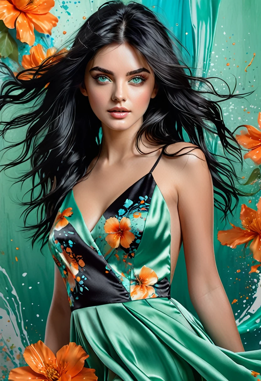 Masterpiece, best quality, like a beautiful 2 girl, light green eyes, messy black hair, highlights on her face, photorealistic magazine cover style, in flowing satin dress, a touch of orange and cyan floral, artistic background with splashes of alcohol-based ink, super realism, super half-body details, 8K, half-body, beautiful appearance.