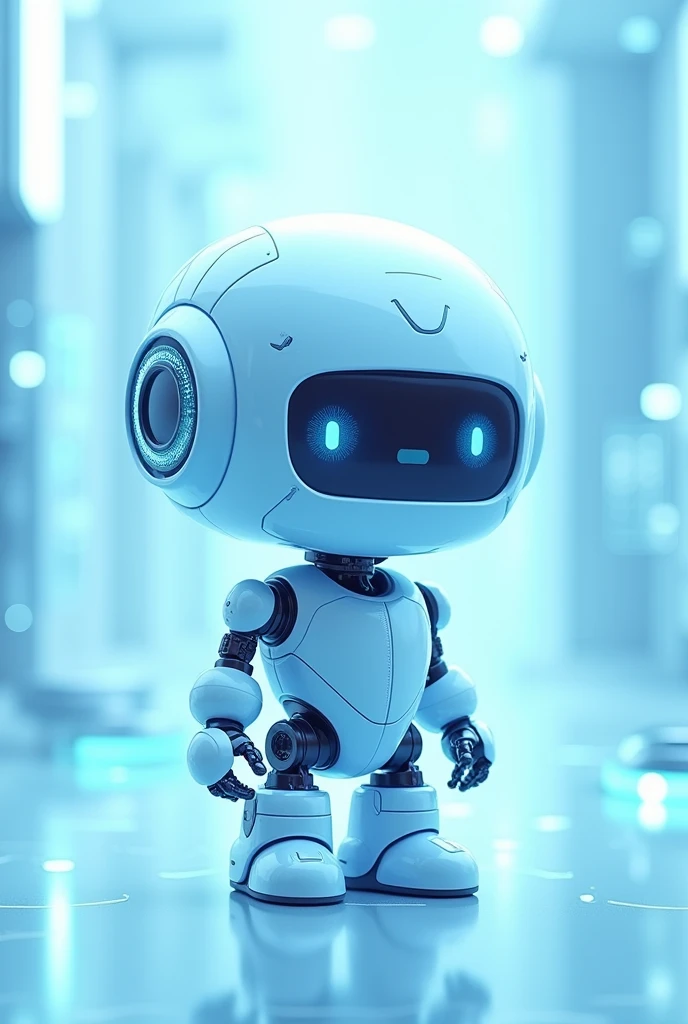 Cute and small female robot, blue tone drawing version and hg gvm a light blue background, technology related 
