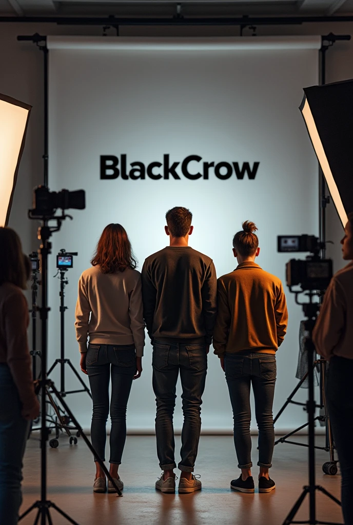 Photographic studio with 3 people in it waiting for there photoshoot , studios name is blackcrow