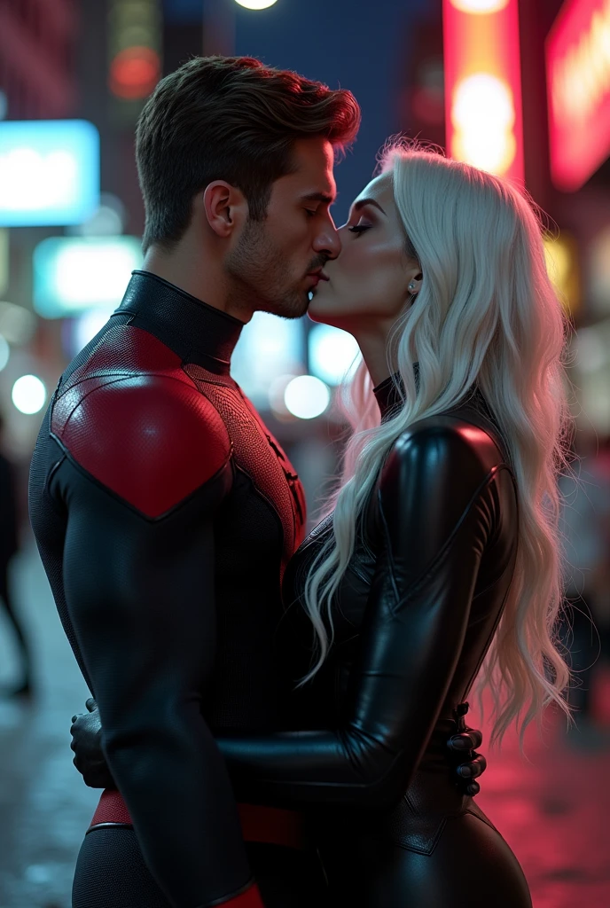 A stunning portrait of muscular Peter Parker in his black suit and white suit, symbiote suit, kissing, French kiss, passionate kiss, Felicia Hardy as the marvel character Black Cat, young and beautiful, hyper realistic, real portrait, backlit, exquisite features, cleavage, sexy, seductive, her hair is white, she is wearing a black leather body suit unzipped to her belly button, location is city at night. Neon lights, large breasts, athletic body, narrow waist, wide hips, Spider-Man’s suit is only black and white, he is not wearing his mask, Peter Parker