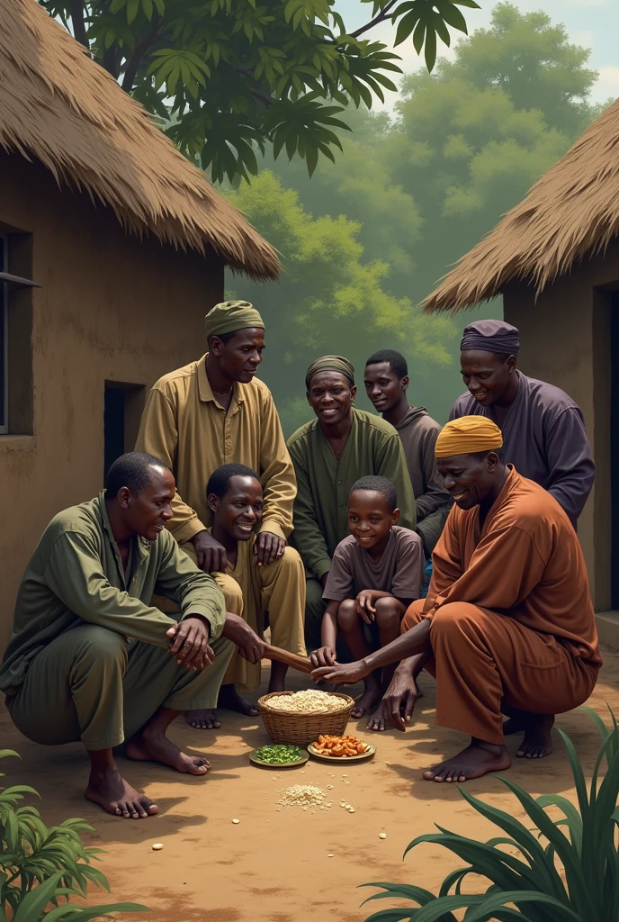 Create an image that best supports the following story “During the Nigerian Civil War of the 1970s, there was a lesser-known act of humanity amidst the chaos. In a small village in what is now Anambra State, a group of Igbo villagers risked their lives to save stranded Yoruba soldiers who had been separated from their unit. Despite the ethnic and political tensions of the time, the villagers hid the soldiers in their homes, fed them, and eventually helped them reunite with their comrades.
This act of courage and compassion went largely unrecognized, but it stands as a powerful reminder that even in the darkest times, shared humanity can prevail over division.”
