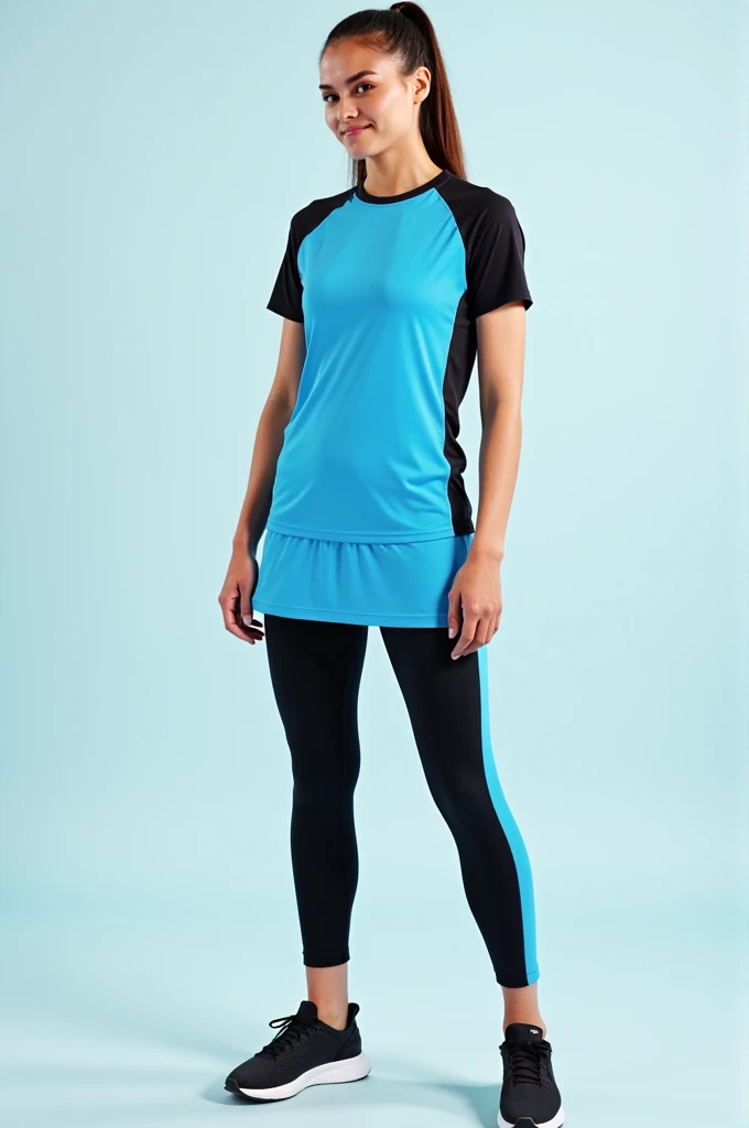 Create me a Honduras shirt with the colors light blue and black and a light blue sports skirt and black tights with a light blue stripe
